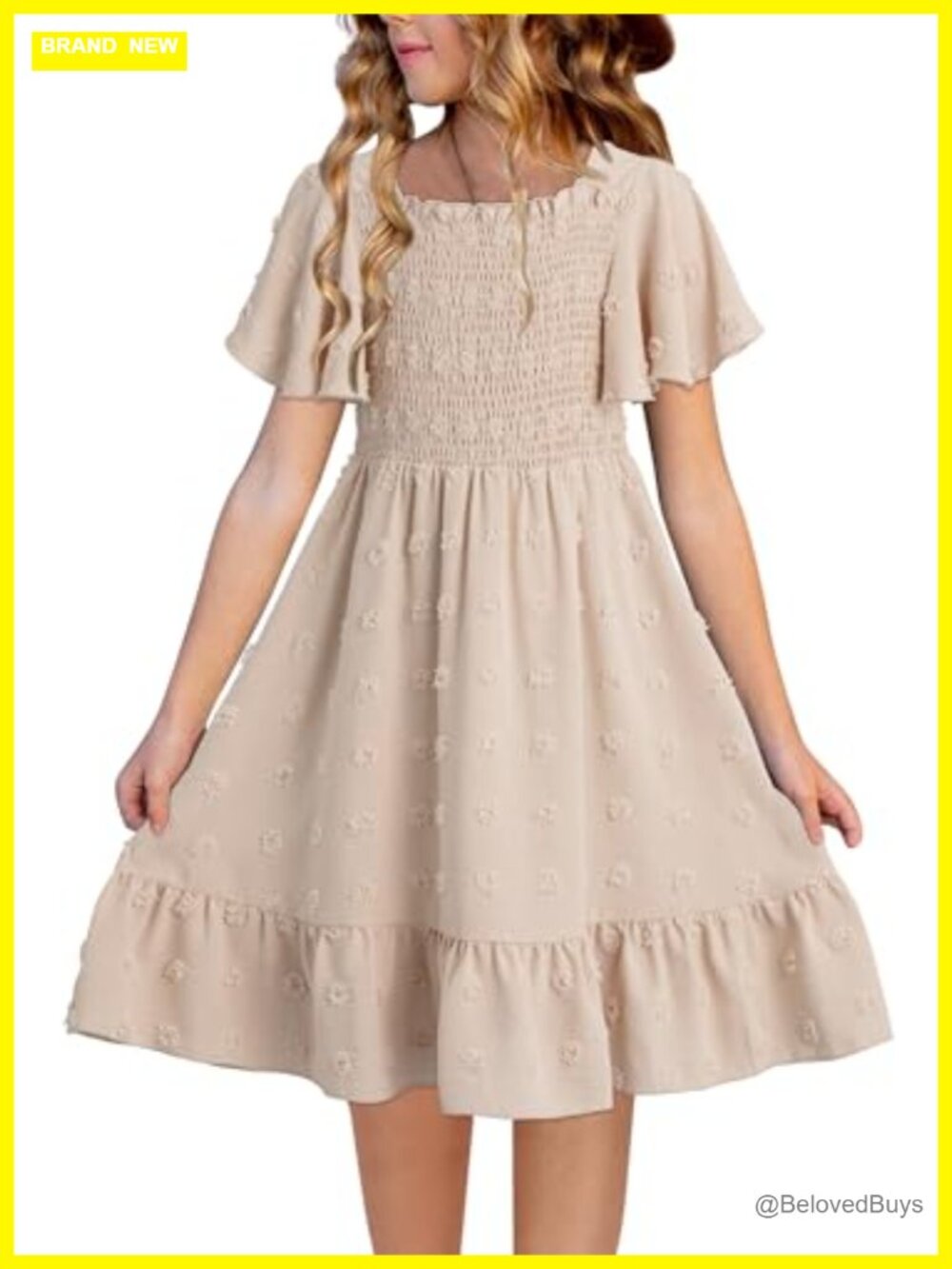 Girls Casual Polka Dot Smocked Dress with Flutter Sleeves